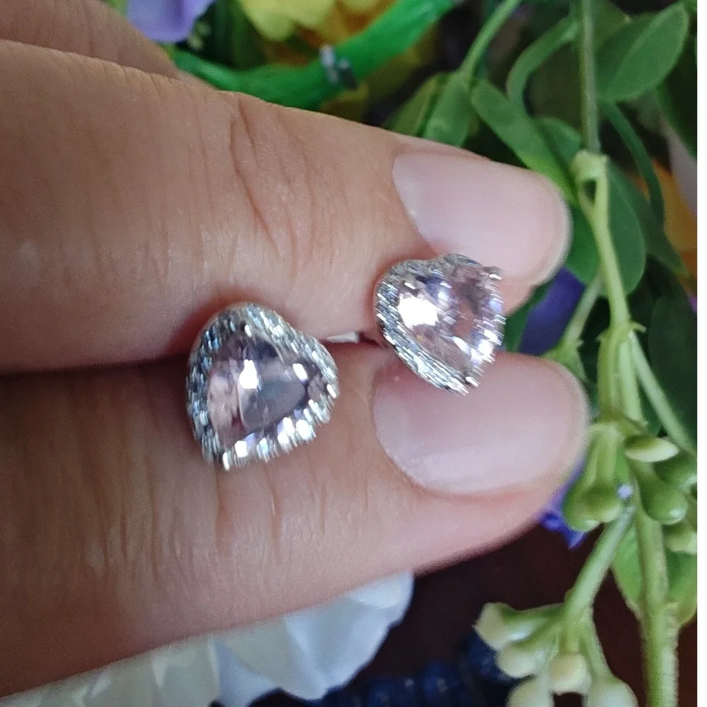 Stud Earrings 6mm Morganite Heart Silver Pink Halo Studs - Picture 4 of 5